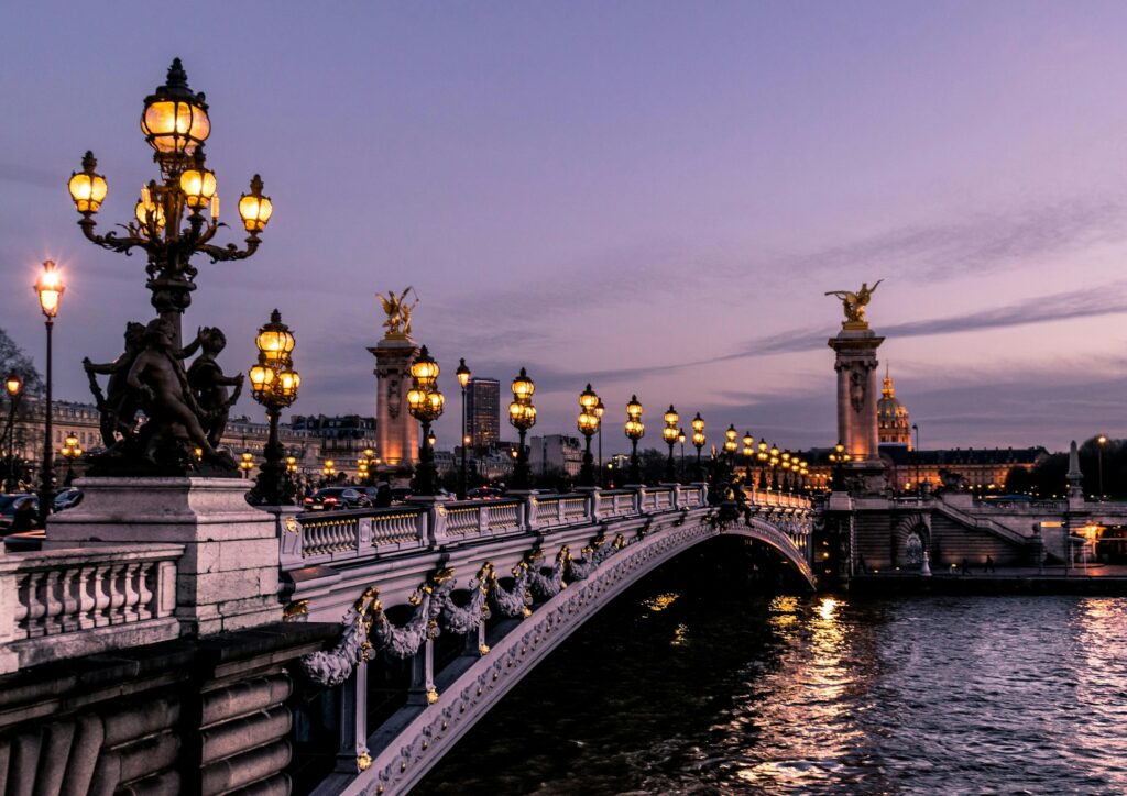 bridge over a river in paris at night