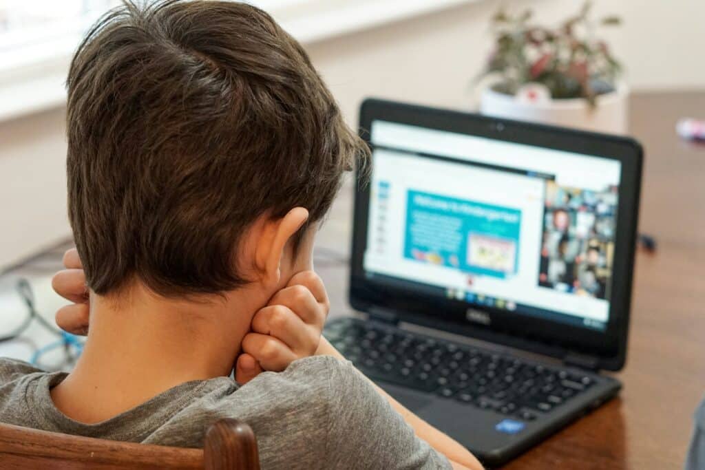 A boy looks at a website on a laptop