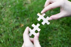 person holding two puzzle pieces above grass