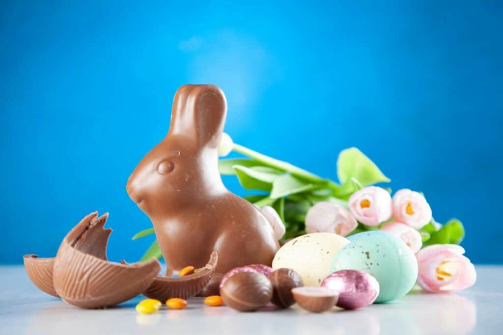 A chocolate bunny with eggs in front of a blue background