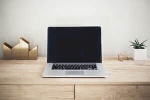 apple laptop on desk with plants