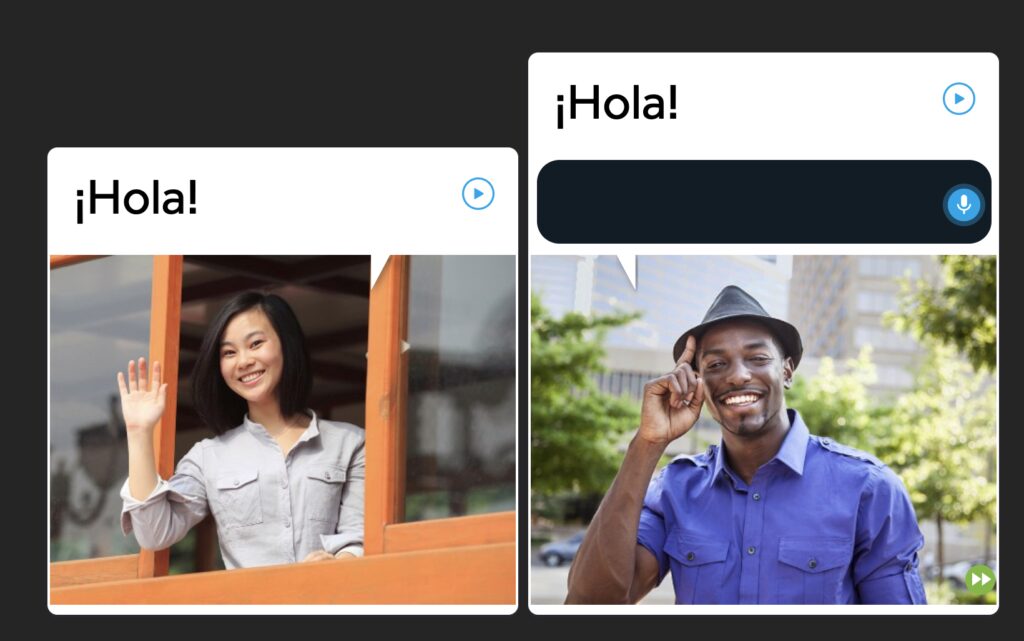 screenshot from rosetta stone showing how it teaches the spanish greeting "hola" 