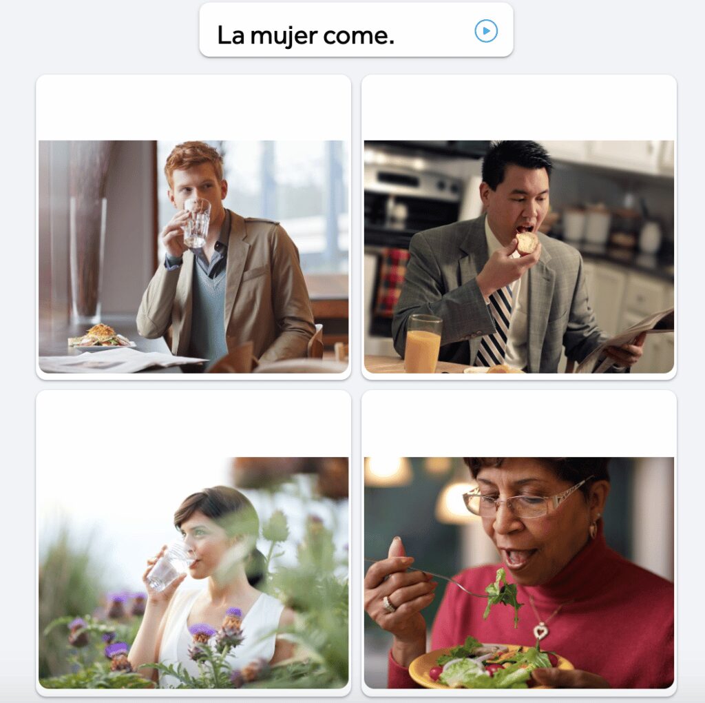 screenshot from rosetta stone showing a quiz item where you match a sentence with an image