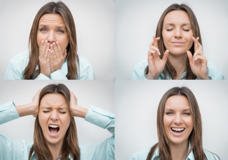 woman expressing four different emotions