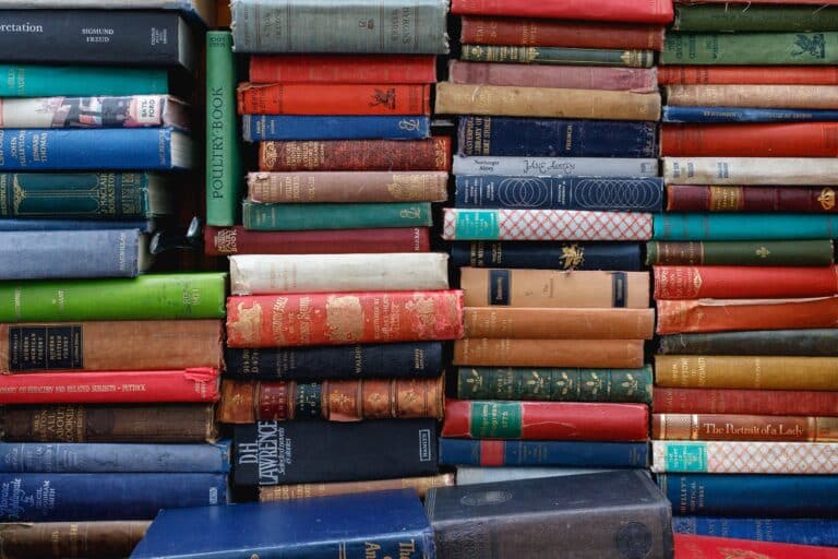 Stacks of books on a bookshelf