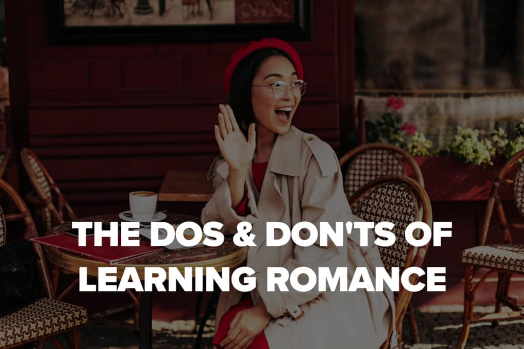 Woman in beret in France with caption "The Dos and Don'ts of Learning Romance
