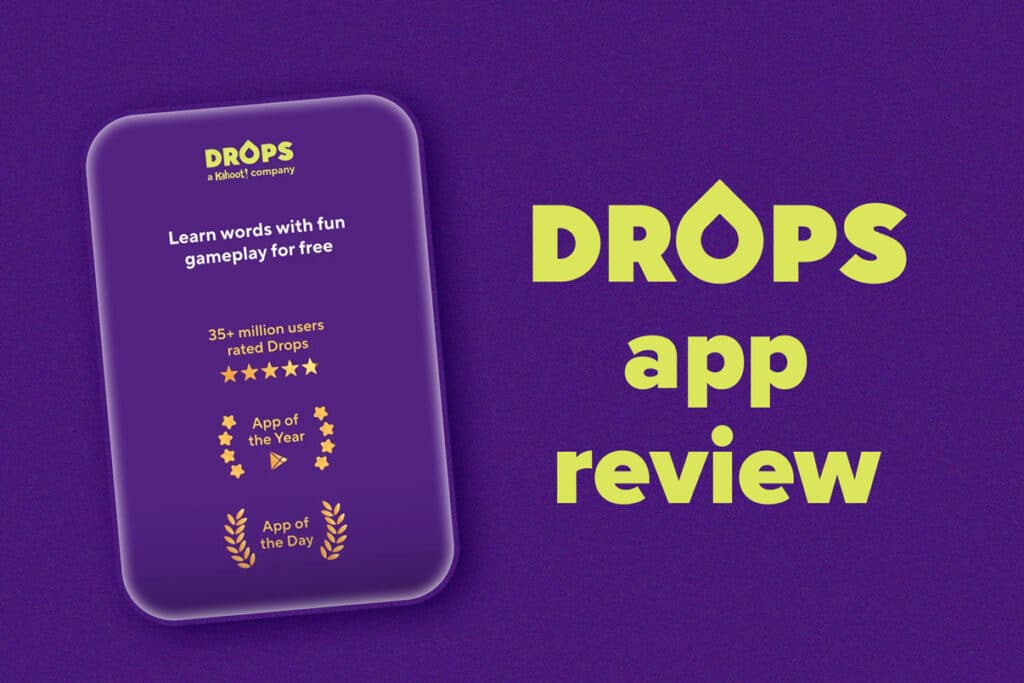 drops app review against a purple background next to an iphone graphic
