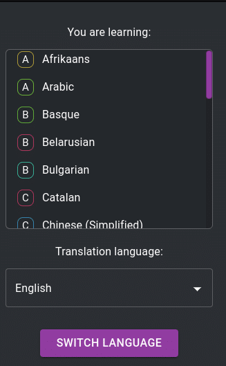 The language selection chart