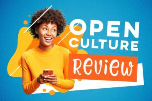 young woman with yellow shirt holding a phone next to the words "open culture review" against a blue background