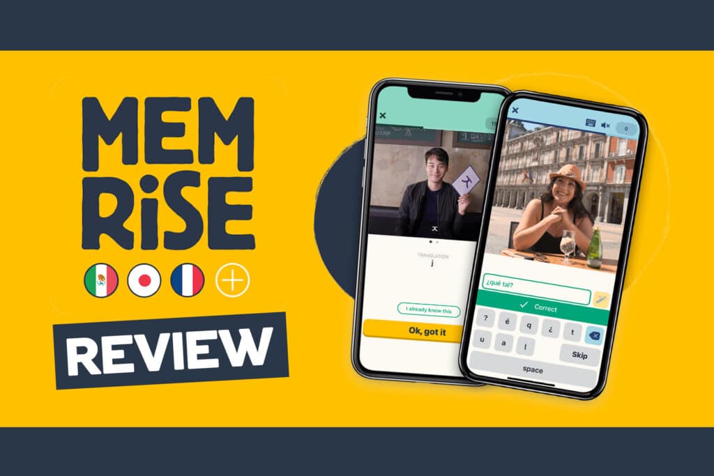 two phones with the memrise app on the screen against a yellow background with country flags and the words "memrise review"