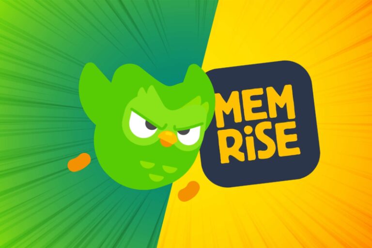 memrise logo on the right side and duolingo owl mascot on the left side against a green and yellow background