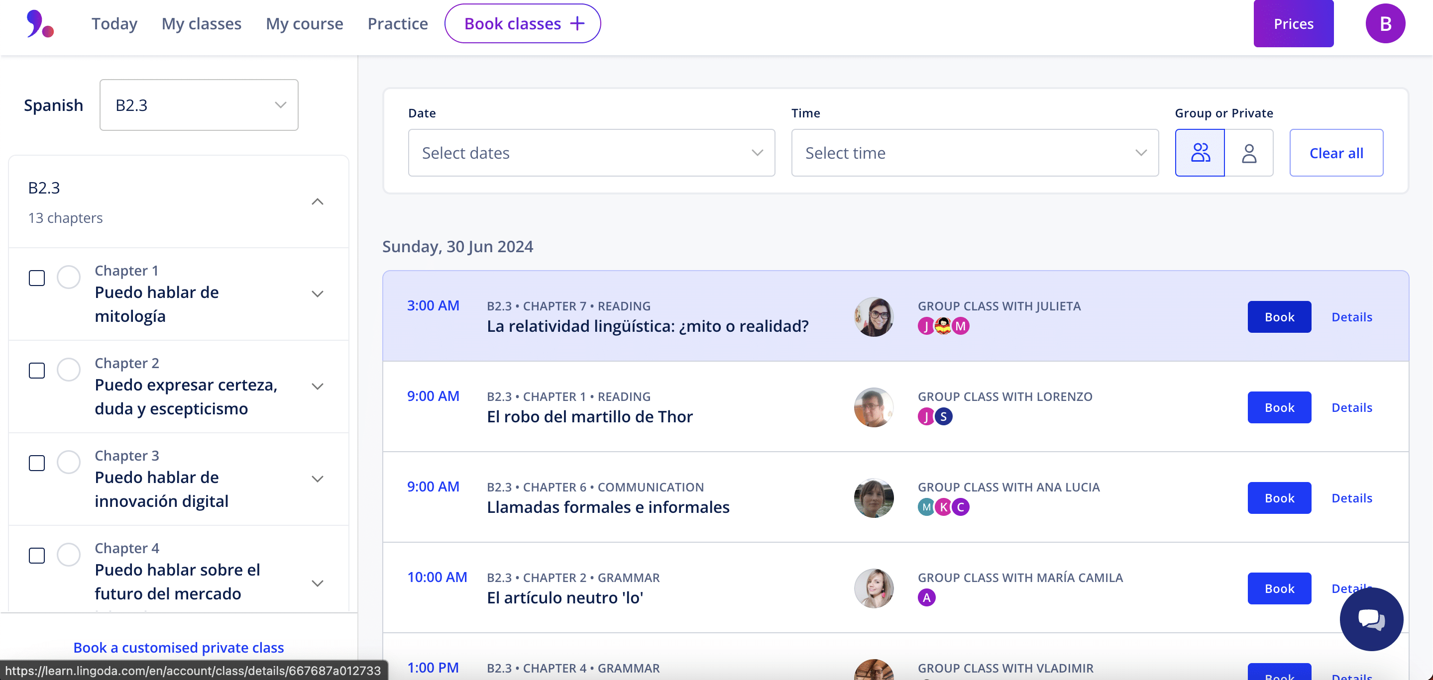 lingoda spanish level b2.3 available classes booking page