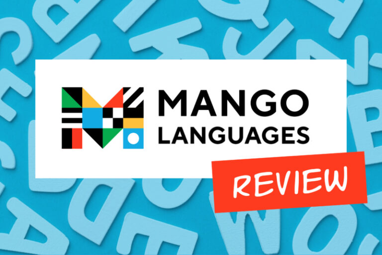 mango languages review with mango languages logo against blue background