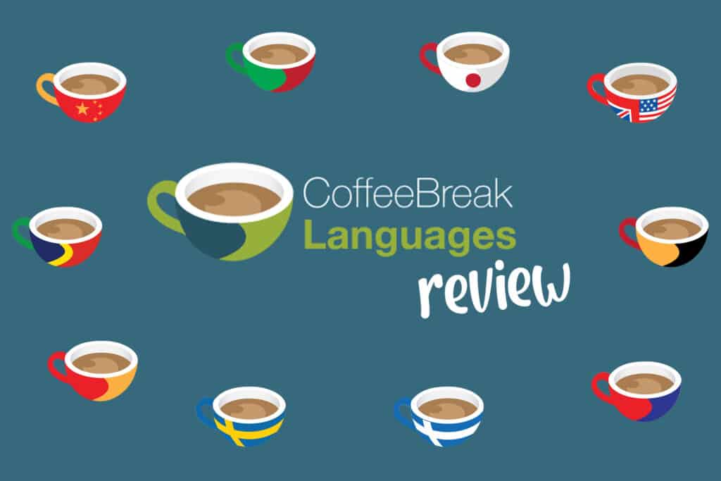 cofee cup icons with country flags against a blue background with the words "coffee break languages review"
