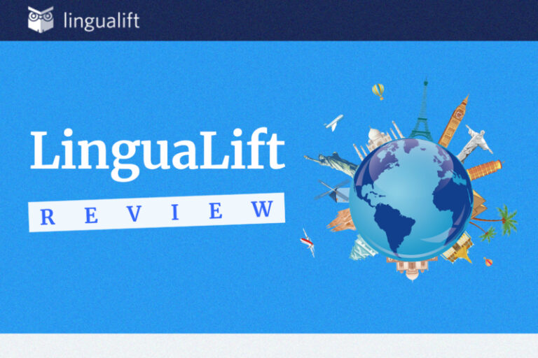 lingualift review against a blue background with a drawing of a globe