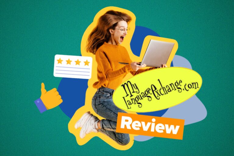 woman smiling with a laptop and emojis against a green background that says "mylanguageexchange review"