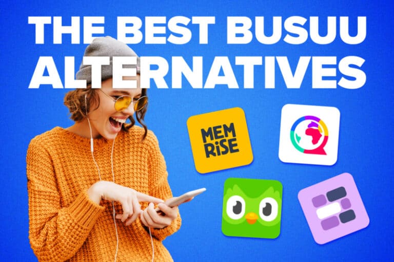 short haired woman with a beanie tapping on her phone next to language learning app icons and the words "the best busuu alternatives" against a blue background