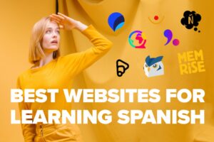 blonde woman looking into the horizon against a yellow background with the logos of the best websites for learning spanish