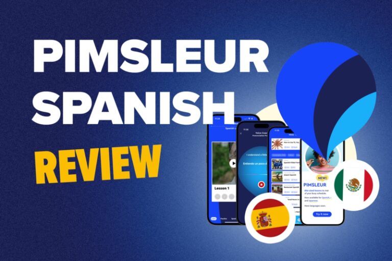 pimsleur spanish app and program against blue background that says pimsleur spanish review