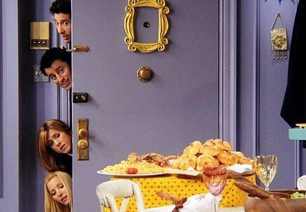 Friends TV show screenshot of characters sticking heads out of door