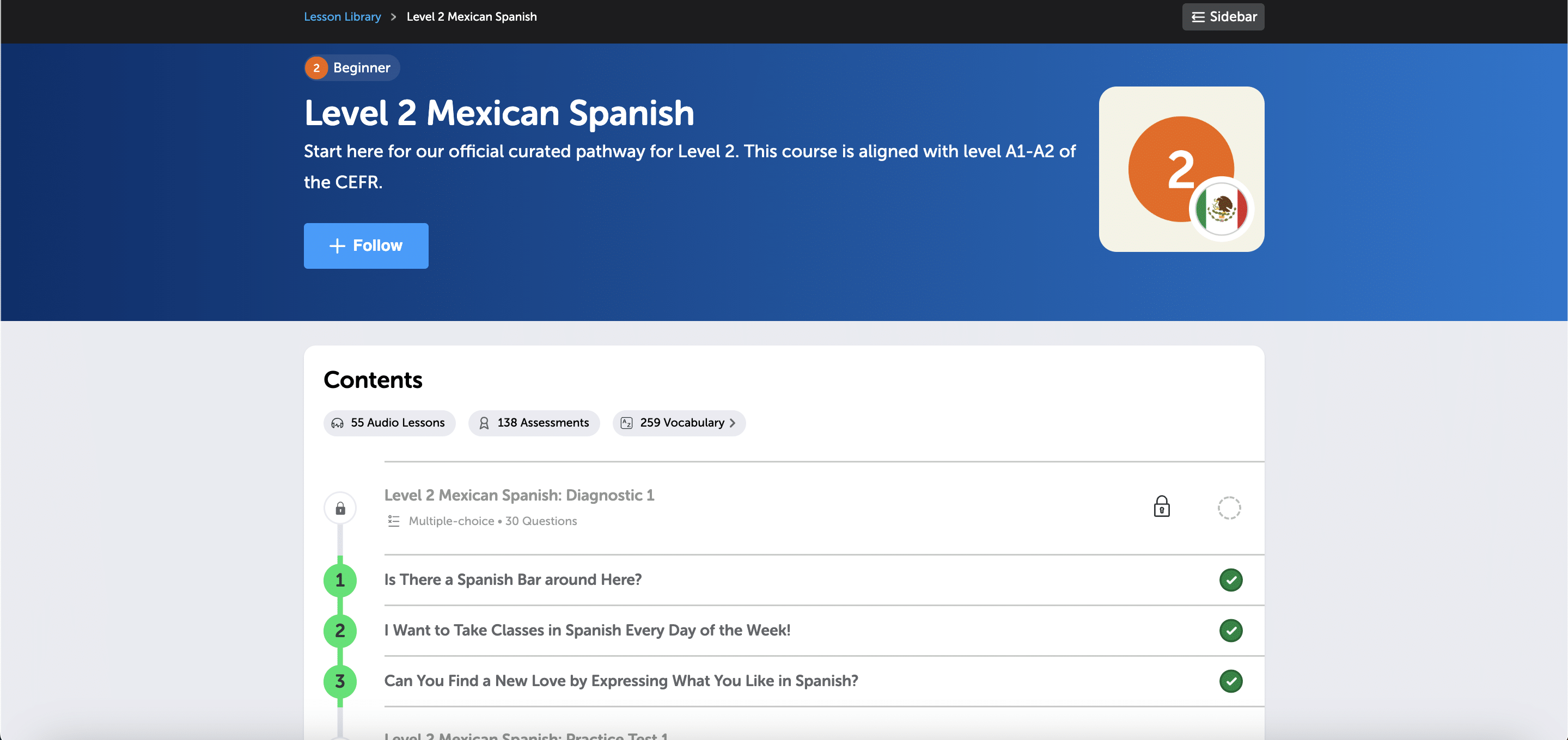 spanishpod101 mexican spanish level two pathway overview screenshot