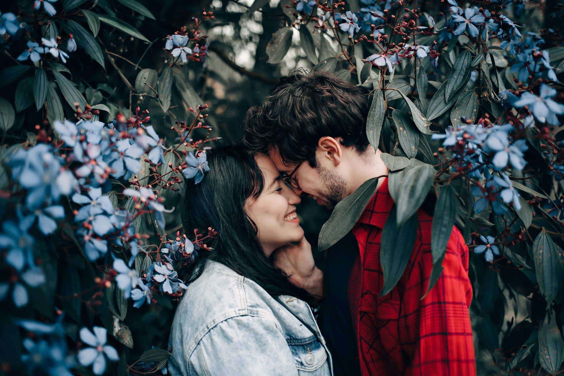 man-and-woman-standing-under-flowering-tree-with-their-faces-close-to-each-others