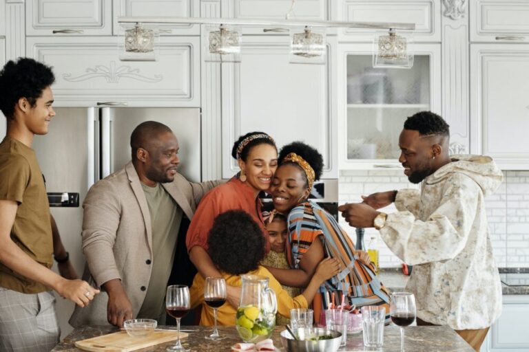 family gathered in the kitchen