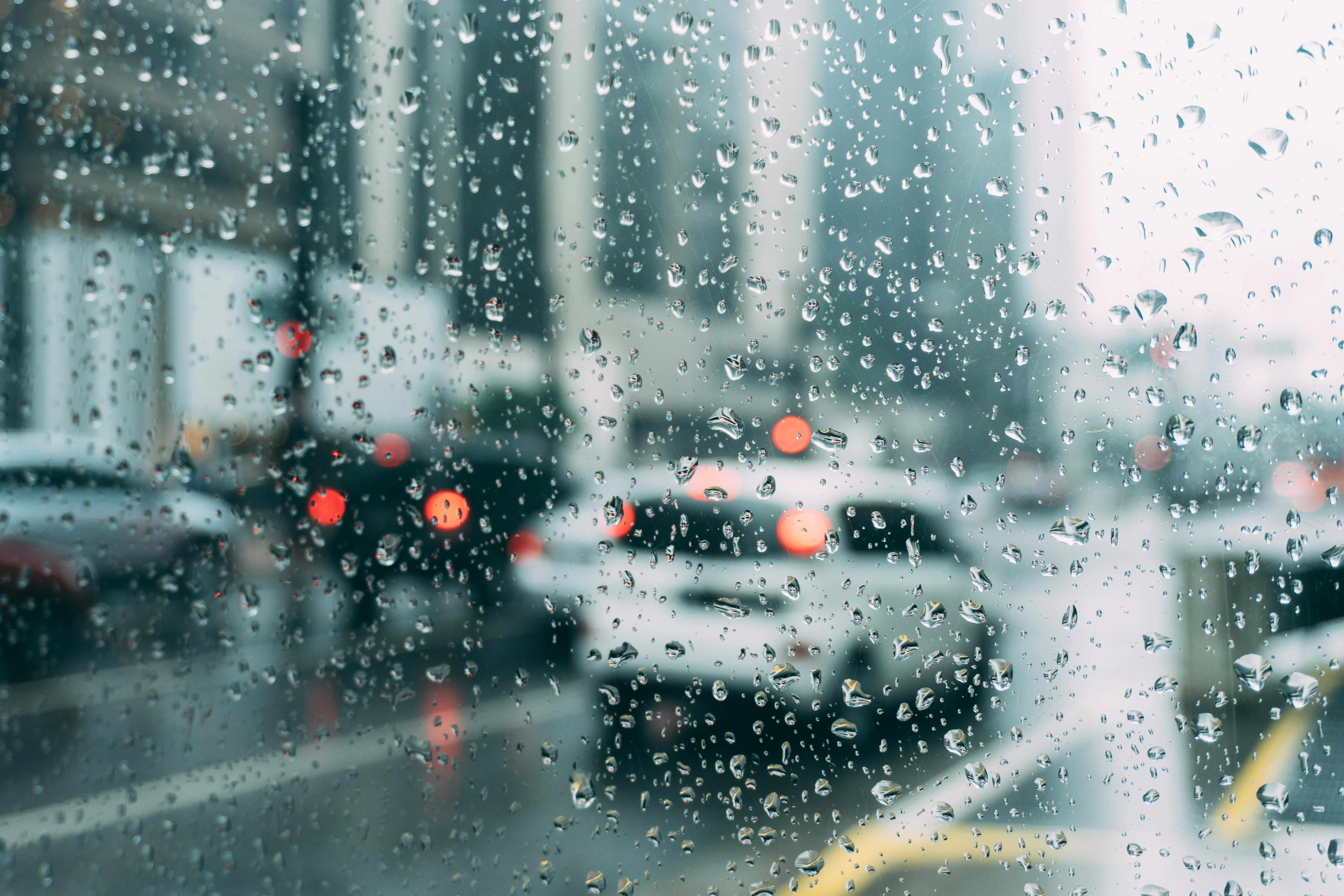 A rainy day shown through a raindrop spotted window