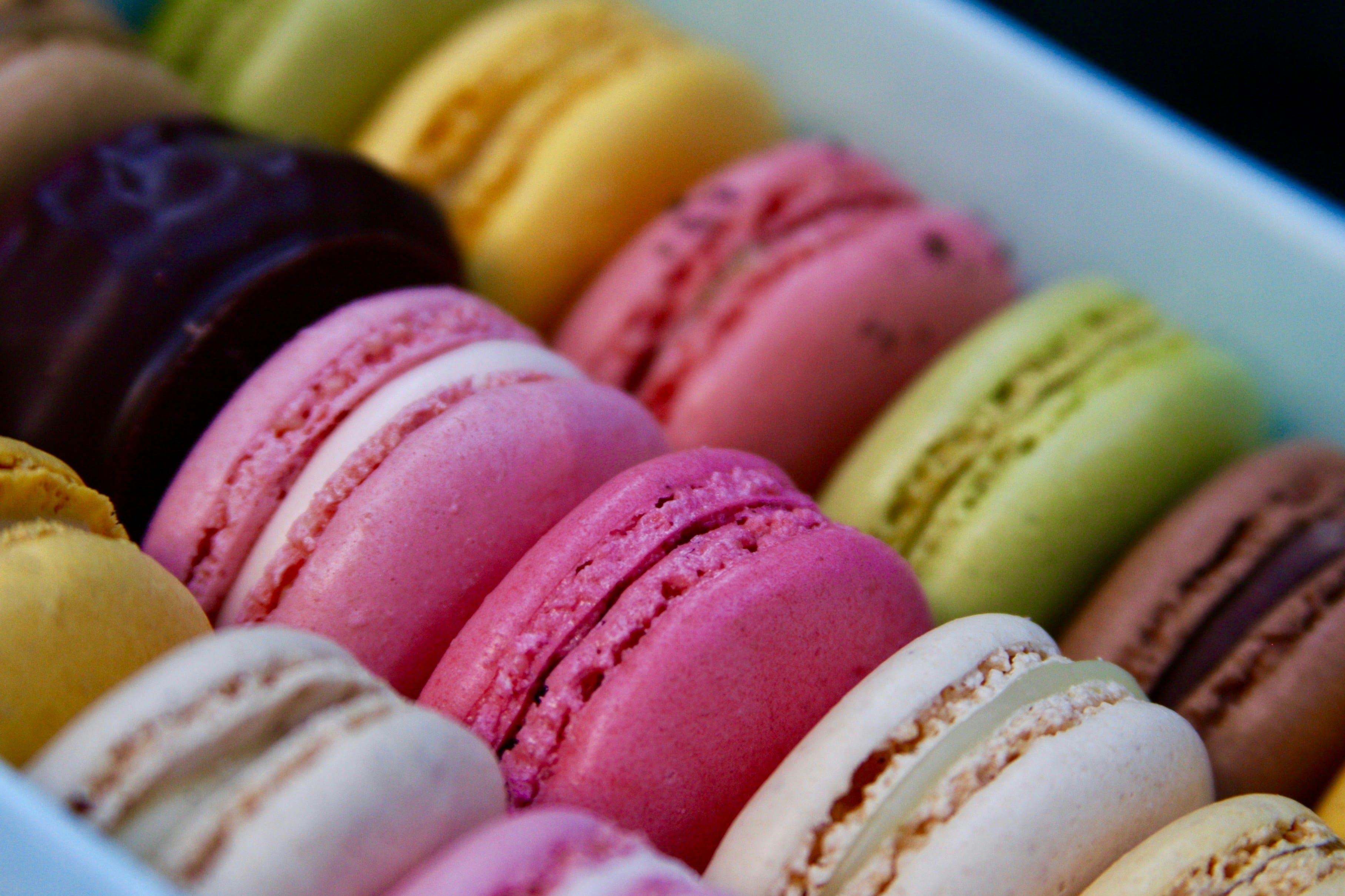 Rows of colorful macarons