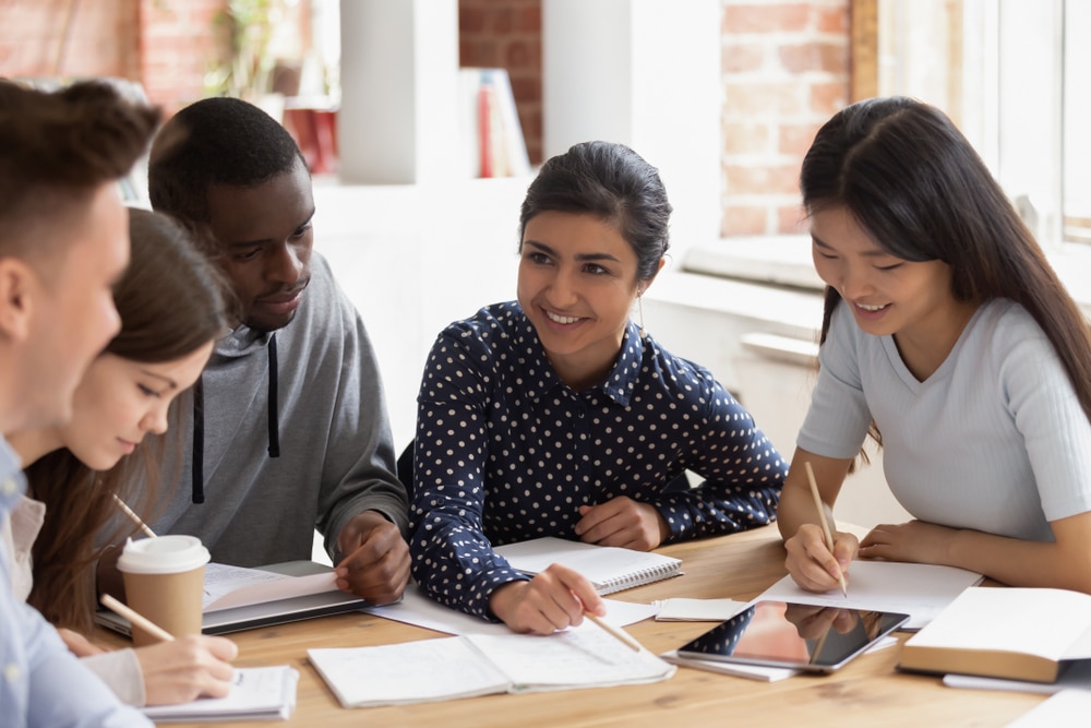 group of students studying english